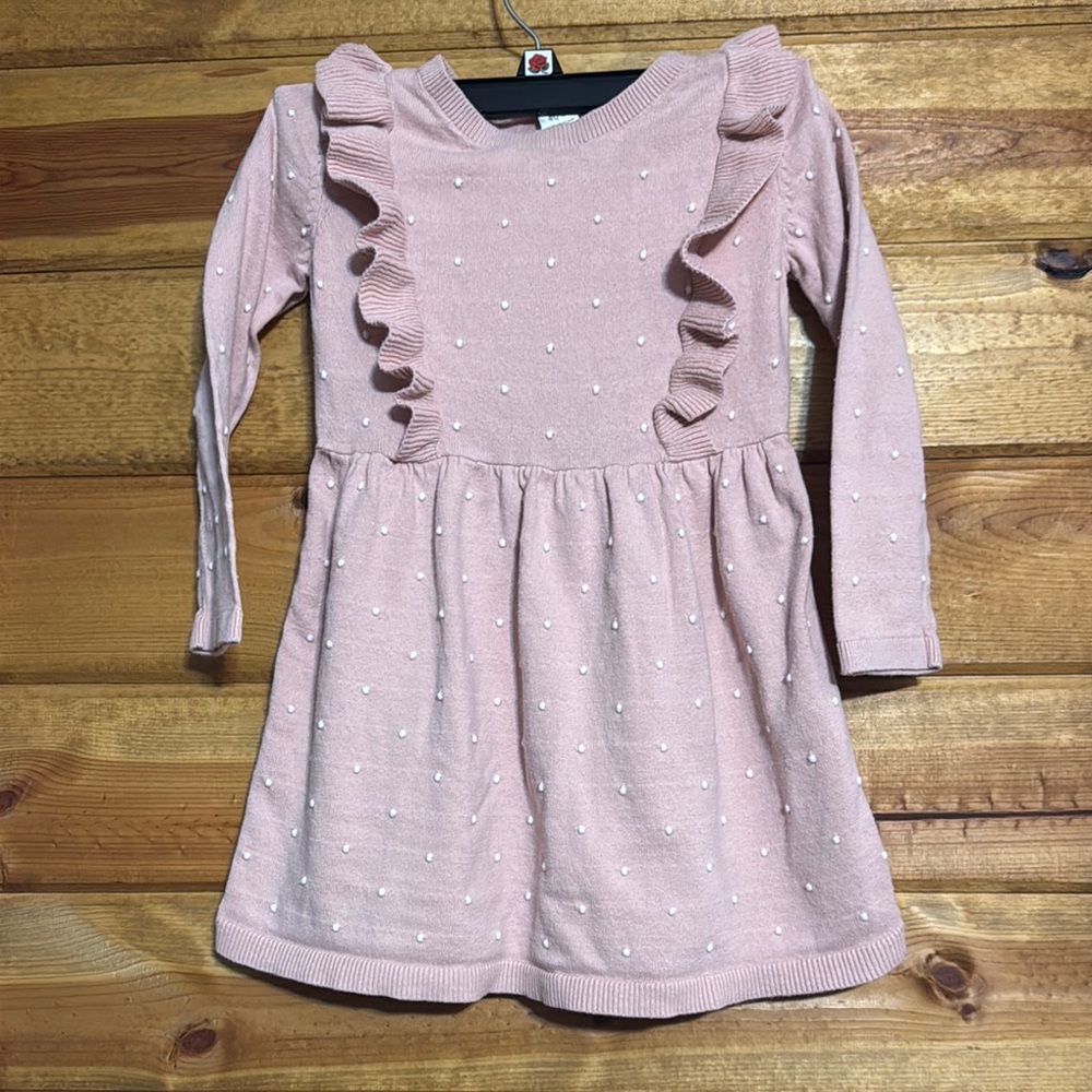 Carter's Pink Ruffled Long Sleeve Sweater Dress with White Dots